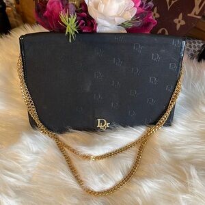 Elegant Authentic Black Christian Dior Designer Clutch with Gold Chain